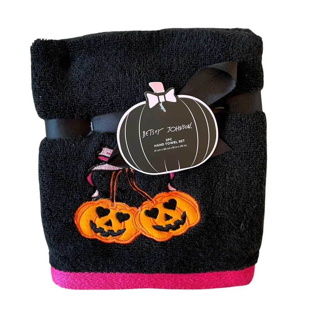 2pc Betsey Johnson Halloween Hand Towel 16x26 Cotton Embroidered Pumpkin Bow NEW
